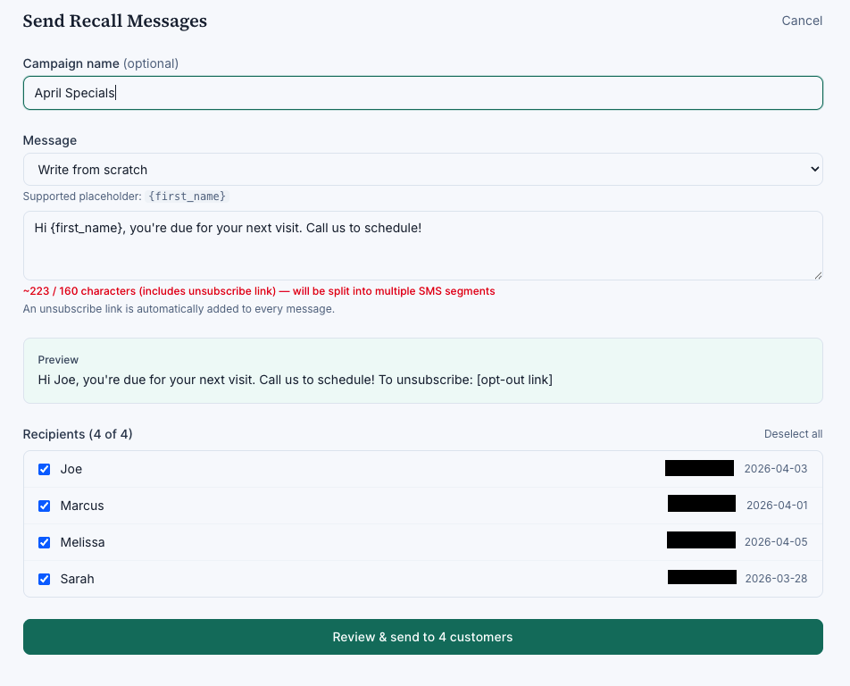 Campaign compose screen showing a recall text message, recipient list, and send button